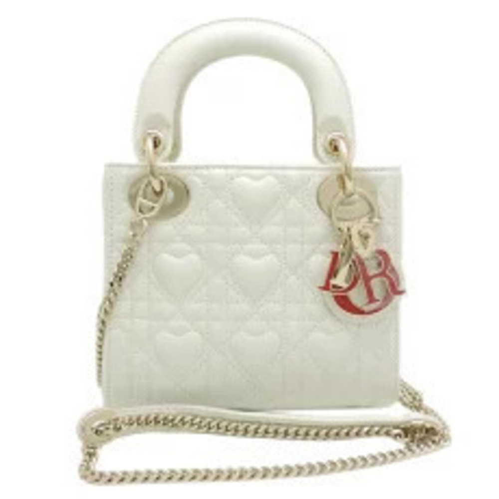 Christian Dior Lady Heart Motif Handbag Lambskin White